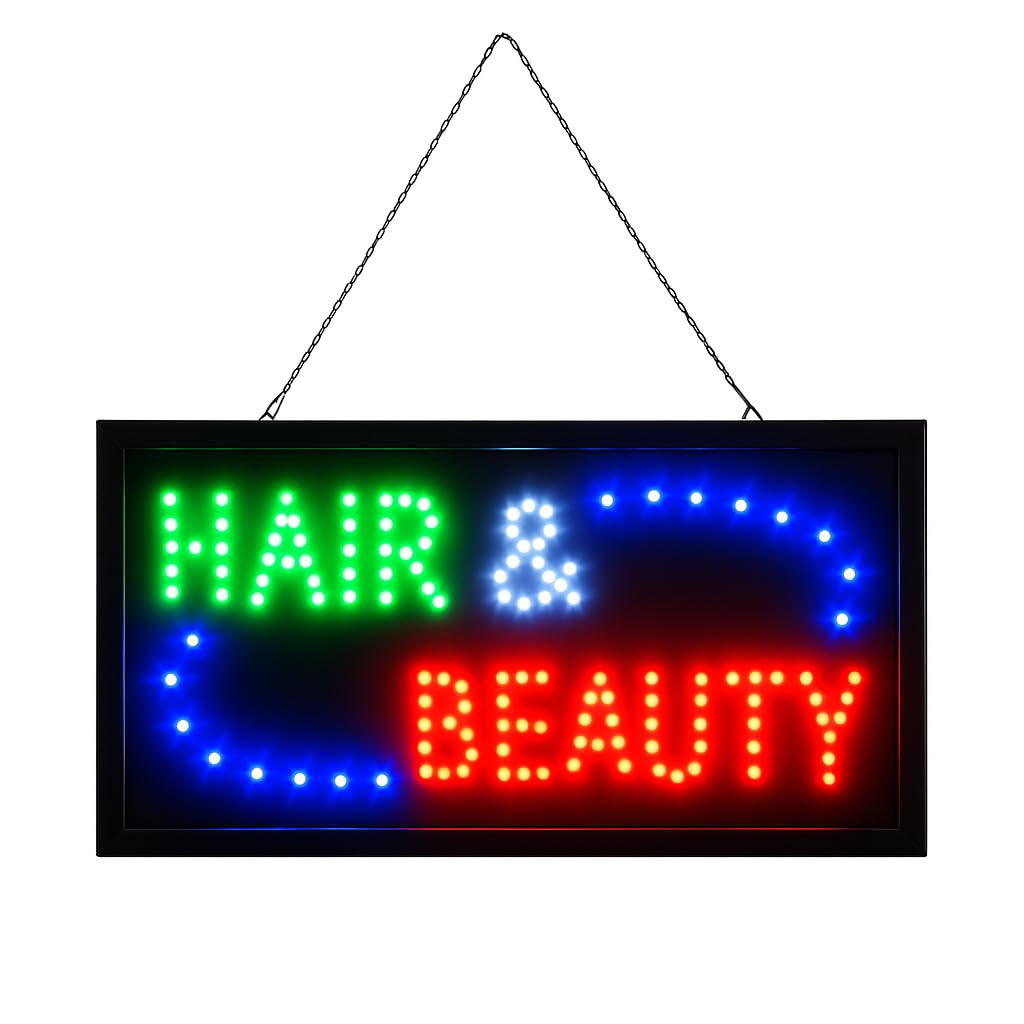 Hair & Beauty LED Sign Flashing, Bright, Animated, Powerful Display - Rectangular, 45cm x 25cm x 2cm, Hanging Chain for Front Shop