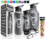Double Wall Vacuum Insulated Water Bottles–30, 40 & 64oz 18/8 Food Safe Stainless Steel- Includes Flip Top & Wide Mouth Lid, Removable Fruit Infusion Rod & Carabiner- For Hot & Cold (Dark Grey, 40oz)