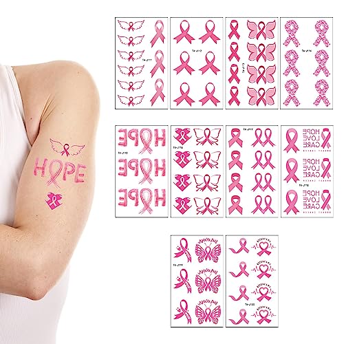 10Pack Pink Temporary Tattoos For Breast Cancer Awareness Glittering