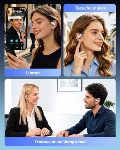 Pviwzux AI Auriculares Traductor en Tiempo Real, 8 Modos Traducción con 198 Idiomas, 3 en 1 Auriculares Traductores de Idiomas, 60H Cascos Oreja Abierta Bluetooth 6.1 para Viajes, Reuniones Negro