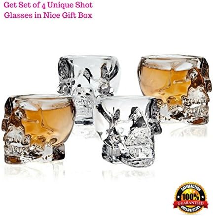 Skull Shot Glasses - Set of 4 Crystal 3D 2.5 Ounce Fun Pirate Head Shotglass for Alcohol Party Drinks - Vodka Scotch Whiskey Tequila Wine Beer - with Gift Box