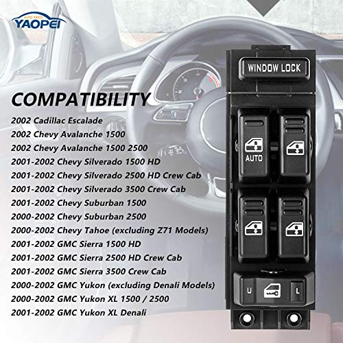 Drive Side Master Window Control Switch 15062650 19259961 for 2000 2001 2002 Chevy Silverado Avalanche Tahoe Suburban,2002 Cadillac Escalade,2000-2002 GMC Sierra Yukon XL Denali-1 Year Warranty