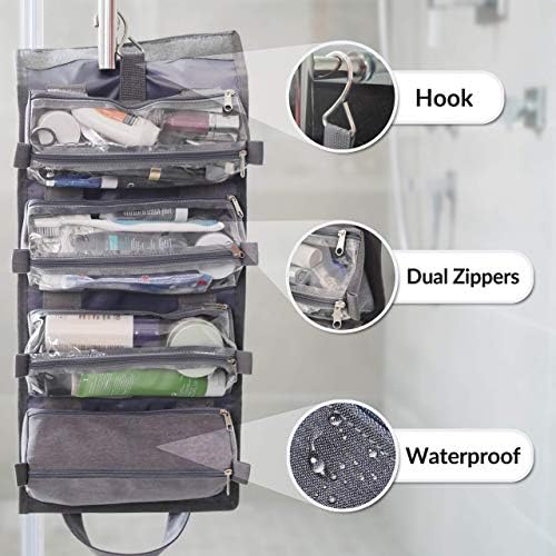 4-in-1 Hanging Toiletry Bag Travel Toiletries Bag for Women & Men - Roll Up Compact Cosmetic Kit with Hook | Waterproof, TSA Approved Removable Carry On Pouches (Heather Gray) 2 4-in-1 Hanging Toiletry Bag Travel Toiletries Bag for Women & Men - Roll Up Compact Cosmetic Kit with Hook | Waterproof, TSA Approved Removable Carry On Pouches (Heather Gray)