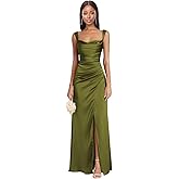Spaghetti Straps Satin Bridesmaid Dresses with Slit for Women Cowl Neck Pleates Mermaid Bodycon Formal Evening Dress