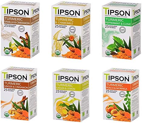 Tipson Tea Turmeric 6 Flavor Assortment, USDA Certfied Organic Herbal Tea, 150 Tea Bags in Foil (Pack of 6 Boxes of 25 Bags Each)