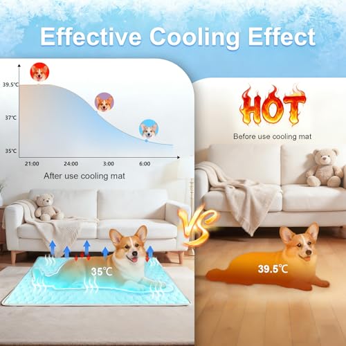Vivifying Dog Cooling Mat, 101x76cm Waterproof Reversible Pet Cooling Blanket with Ice Silk & Velvet – Year-Round Comfort for Dogs and Cats (L, Blue&Grey)