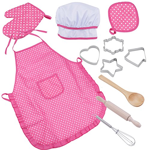 Shopline Child Chef Set, Cute Little Chef Playset for Kids Girls Cooking Pretend Playing and Dressing Up, Including Chef's Apron, Hat,Oven Mitt, Rolling Pin 11 Pieces Accessories