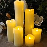 LED Lytes TIMER FLAMELESS CANDLES, SLIM Set of 6, 2" WIDE and 2"- 9" TALL, Ivory Color Wax and Flickering Amber Yellow Flame for Weddings and Parties and gifts
