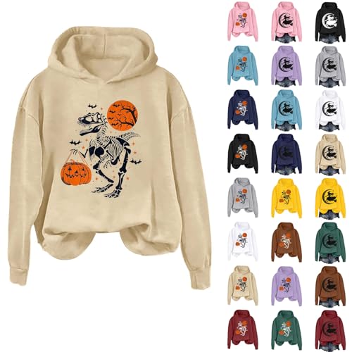 Angxiwan Ladies Halloween Jumpers Sweatshirts for Women UK Oversized Magical Girl Print Casual Long Sleeve Halloween Sweatshirt Hooded Lightweight Loose Fit Pumpkin Patch Sweatshirt Women Outfits Cat