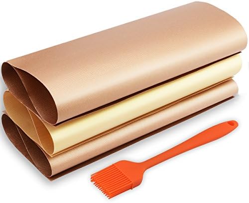 Copper Grill Mat - Chef BBQ Non-Stick, Reusable, Heavy Duty and Dishwasher Safe - Works on Gas, Charbroil, Electric Grills Outdoor Cooking FDA Approved PFOA Free (Set of 3 Silicone Grill Brush)