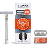 MERKUR 23C Double Edge Safety Razor - Polished Chrome, Long Knurled Brass Handle, Made in Germany, Plastic-Free, Three Piece Design, Closed Comb, Straight Bar