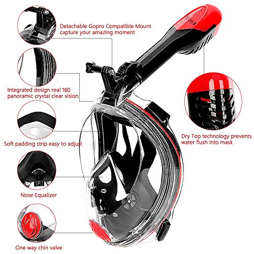 YSBER Snorkel Mask - Original Full Face Snorkeling and Diving Mask with 180° Panoramic Viewing - Detachable Camera Mount, Free Breathing, Anti-Fog and Anti-Leak (Black, S/M)