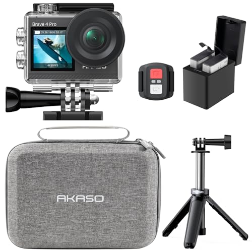 AKASO Brave 4 Pro Action Cam 4K30FPS 20MP mit 60cm Stativ Selfie Stick und Tasche 40M Unterwasserkamera Touchscreen 170 ° Weitwinkel, EIS Stabilisieru