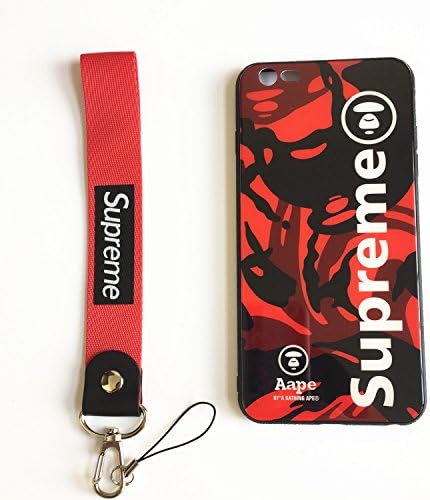 iPhone 6 Plus and 6S Plus Supreme Case with Wrist Lanyard,Streetwear Fashion Hard Glass Back Cover Soft TPU Bumper Anti-scratch Shockproof Resistant Case for iPhone 6/6S Plus Case 5.5 inch (Red)
