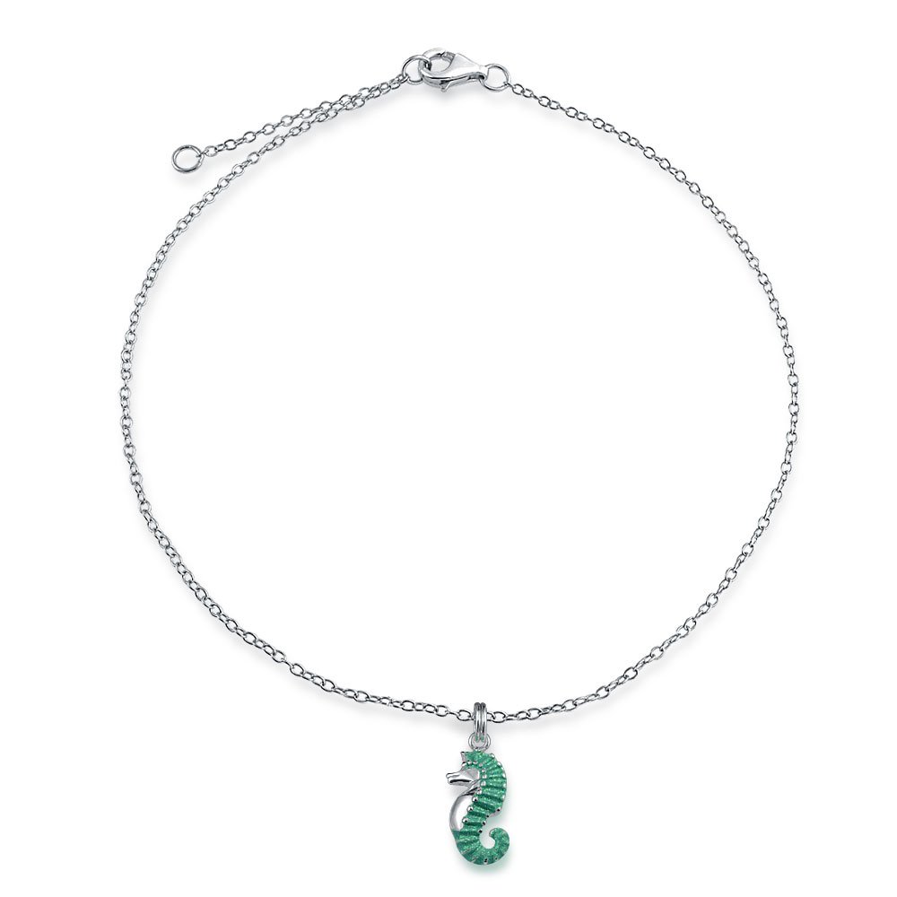 Bling Jewelry Teal Enamel Stardust Tropical Beach Hawaii Vacation Nautical Beach Dangle Seahorse Charm Anklet Ankle Bracelet For Women .925 Sterling Silver 9-10 Inch Adjustable