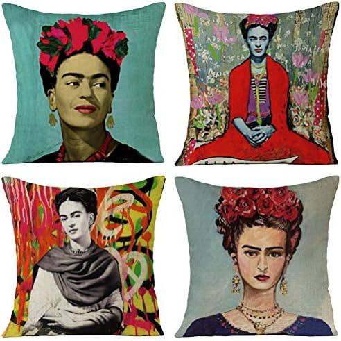 Joyi 4 Pack Frida Kahlo Self-Portrait Cotton Linen Throw Pillow Case Car Cushion Cover 18"x18",Pattern 23