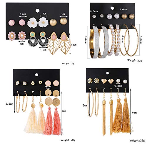 WAINIS 23-44 Pairs Assorted Multiple Stud Hoop Dangle Earrings Set Women Girls Acrylic Round Ball CZ Bohemian Long Tassel Drop Earrings Pack