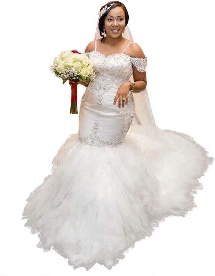 QueenBridal Off Shoulder Beaded Spaghetti Starps Mermaid Wedding Dresses for Bride QBL080