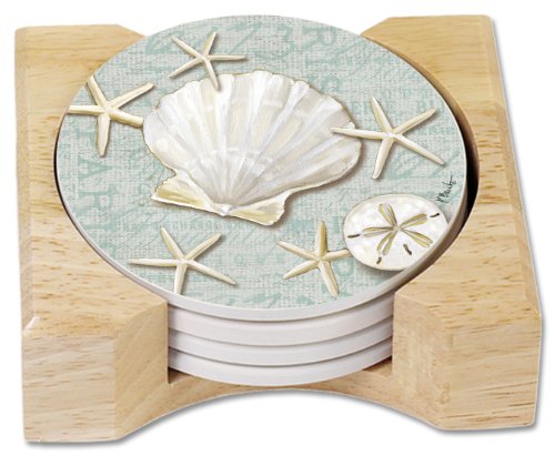 CounterArt Linen Shells Absorbent Coasters in Wooden Holder, Set of 4