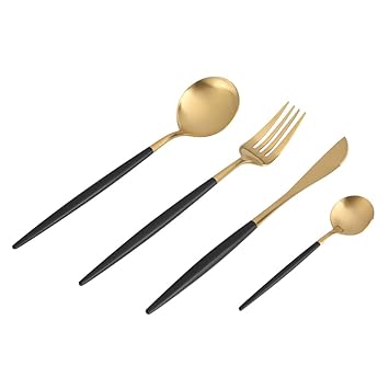 Gabel Löffel Set, 4 Teile/satz Edelstahl Farbige Besteck Set Geschirr Löffel Gabel Messer Geschirr(Schwarz + Golden)