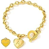 Pichuxiu Women's Initial Heart Charm Bracelet 18k Gold Plated Letter Love Heart Pendant with Elegant OT Clasp Stainless Steel Jewelry Christmas Birthday Gift for Her Girlfriend Wife Valentines Day Present