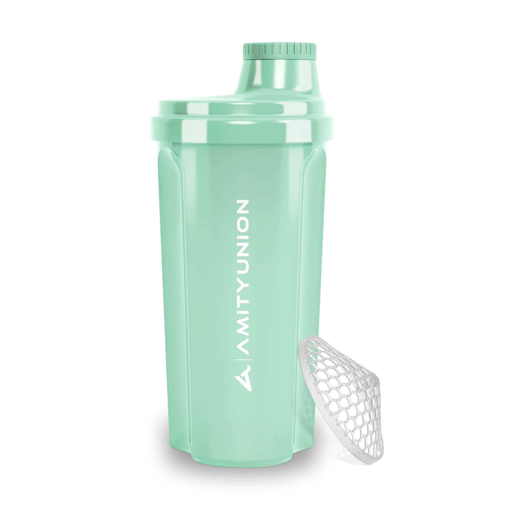 AMITYUNION "Heaven" Protein Shaker 500 ml Leak-Proof, BPA Free, with Strainer & Scale,Original, Protein Isolates & BCAA Concentrates, Protein Shaker in Mint Blue