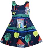 Sunny Fashion Girls Dress Tree House Cat Butterfly Bird Flower Print