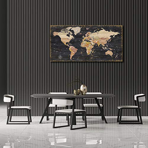 World Map Wall Art Black Wood Grain Retro Map Of The World Nautical Map