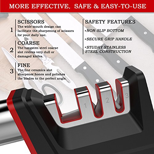 Joso Professional Kitchen 3 Stage Stainless Knife Sharpener with Diamond Tungsten Ceramic for Dull Steel, Paring, Chefs and, medium, Red, Black, chrome, silver