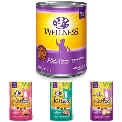 Wellness Natural Grain Free Wet Canned Cat Food, Turkey & Salmon Pate, 12.5-Ounce Can (Pack of 12) with Wellness Kittles Crunchy Natural Grain Free Cat Treats, 2-Ounce Bag (3 Bag Variety)