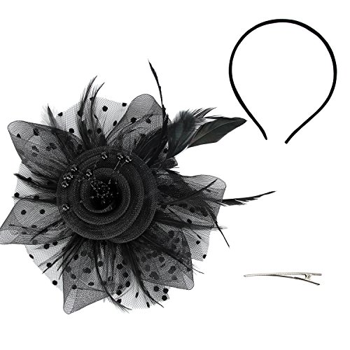 Acecharming Fascinators for Women, Feather Sinamay Fascinators with Headbands Tea Party Pillbox Hat Flower Derby Hats(Black-Pearl)