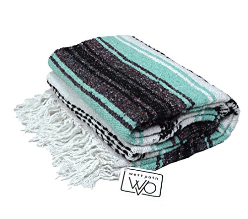 Open Road Goods Mexican Blanket - Mint Teal & Grey Mexican Falsa Beach Blanket - Mexican Yoga Blanket, Picnic Blanket, or Home Throw. Handwoven - Thumbnail 3