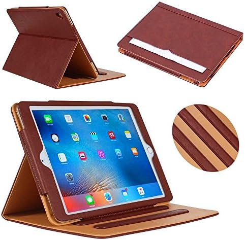 iPad Pro 9.7 Case, ADOKEY Auto Sleep Awake Smart Leather Stand Folio Flip Case Cove for Apple iPad Pro 9.7 Inch Case 2016, with Multiple Viewing Angles, Document Card Pocket (Brown)
