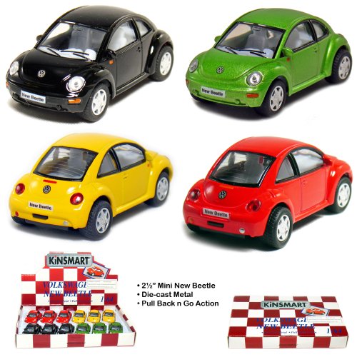 Box of 12 Cars: 2Â½" Die-cast VW New Beetle 1/64 Scale, Pull Back Action.