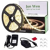 Dimmable LED Light Strip Kit,JUNWEN Warm White Rope Lights,Waterproof 16.4 FT/5M Tape Lights 300 Units SMD 2835 12V LED Ribbon with Power Supply for Home Kitchen Bar Clubs