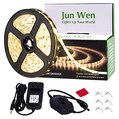Dimmable LED Light Strip Kit,JUNWEN Warm White Rope Lights,Waterproof 16.4 FT/5M Tape Lights 300 Units SMD 2835 12V LED Ribbon with Power Supply for Home Kitchen Bar Clubs