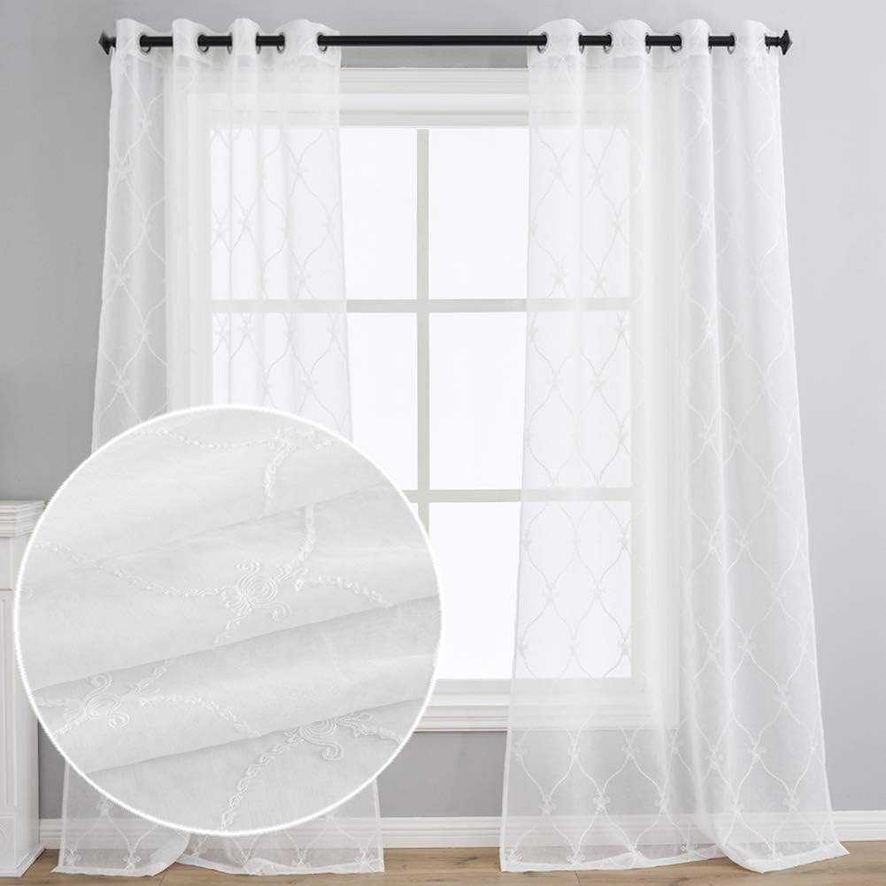 Amazon Com Kotile White Sheer Curtains Embroidered Trellis Design