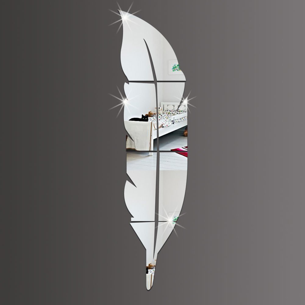 Qaurora Modern DIY Feather Mirror Wall Stickers Acrylic Fashion 3D Home Decal Living Room Murals 48 x 12 inches (120 x 30cm)(Left)