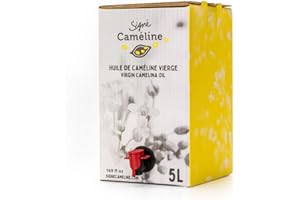 Signé Caméline. Virgin Camelina Oil. 5 L, bag in a box. Finishing and cooking oil. High in Omega-3. Smoke point 246°C/475°F. 