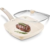 KOCH SYSTEME CS Nonstick Grill Pan for Stove Tops, 11 Inch Square Frying Pan with Lid, Ultimate Ceramic Coating Grill Skillet with Bakelite Handle, Induction Griddle Pan, PFOA Free, Cream White