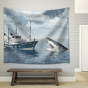 Fishing Trawler and Great White Shark - Fabric Wall Tapestry Home Decor - 51x60 inches