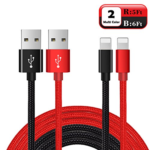 Charger for iPhone, Lightning Cable 2PACK 5FT 6FT, Lightning to USB Cable for iPhone Long Durable Nylon Braided Charging Cord for iPhone X 8 8 Plus 7 7 Plus 6 6 Plus iPad Mini Air Pro, iPod Black Red - Thumbnail 7