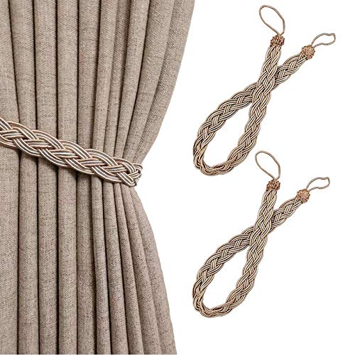 YankMooM 2 Pack Curtains Tied Rope Tiebacks Hand Knitting Curtains Tiebacks for Home Drapes and Curtain Decor Braided Curtain Tiebacks Holders(Khaki)