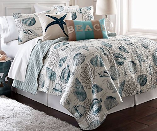 E&J HomeTeal Blue Coastal Ocean Seashell Starfish Coral Reef 3pc Full/Queen Quilt Set
