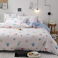 LAYENJOY Floral Duvet Cover Set Twin, 100% Cotton Bedding, Colorful Pink Flower Leaves Pattern Printed on White Reversible Blue, Cartoon Comforter Cover for Kids Teens Boys Girls, No Comforter