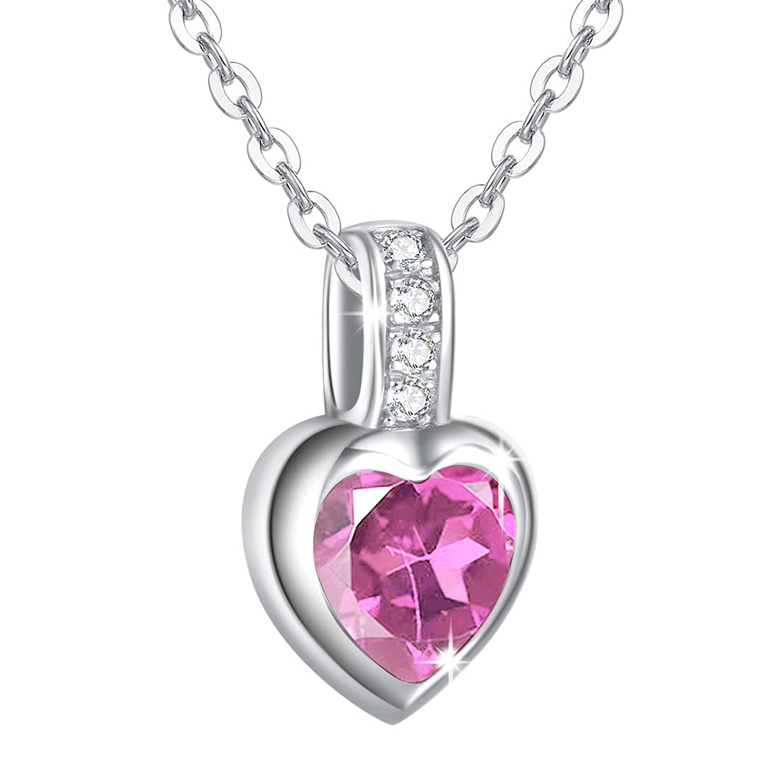 AGVANA Love Heart Birthstone Necklaces 925 Sterling Silver with White Gold Plated Pink Zircon Gemstone Pendant October Birthstone Fine Jewellery Birthday Gift for Women Girls, Length: 16 + 2 Inch
