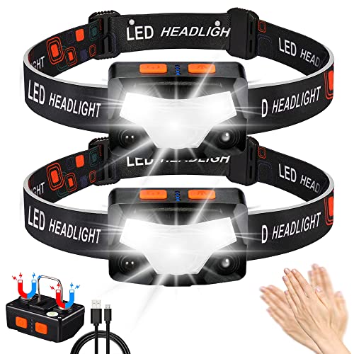 Hyted Ultra Powerful 2 Pack 2000 Lumens USB Rechargeable Head Torch with Motion Sensor, Lightweight and Waterproof 14 Modes for Running, Camping, Fishing