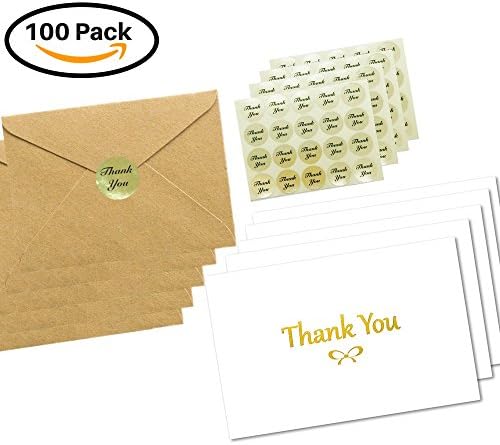 100 Elegant Thank You Cards with Gold Foil Embossed Designs | 4 x 6 inches, Bulk Note Cards with Envelopes and Gold Stickers | Perfect for Wedding, Bridal Shower, Baby Shower, and Business (White)