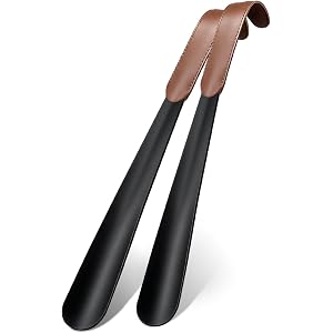 ideayard 2 Pack Long Steel Shoe Horn Leather Curved Grip Easy Reach Shoe Helper for Bedroom Entryway Seniors Men Women