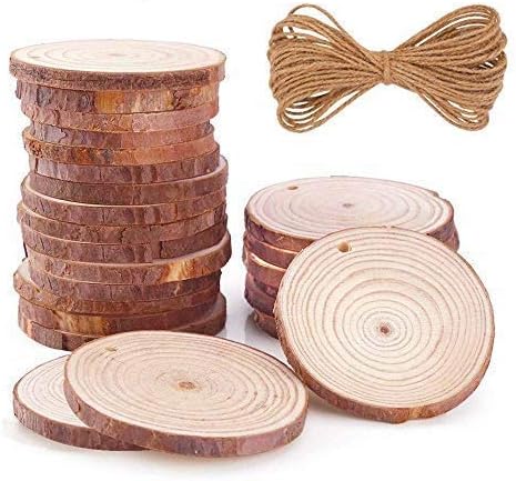 Natural Wood Slices 30Pcs 3.0-3.5 inch Round Circles Unfinished Predrilled Tree Bark Log Discs with Holes for DIY Crafts Rustic Wedding Decoration Vintage Wedding